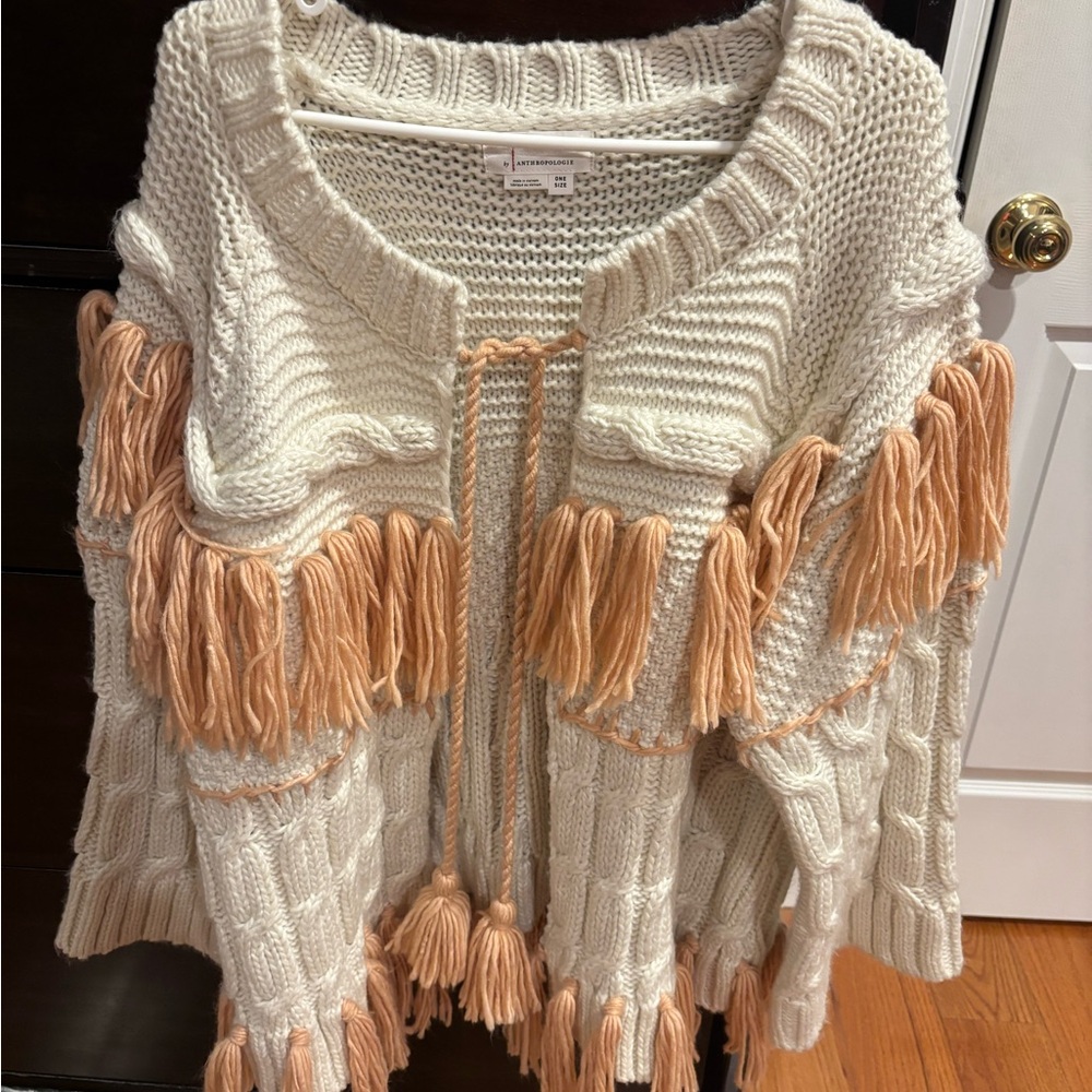 Anthropologie Cream and Tan Cardigan with Tassels